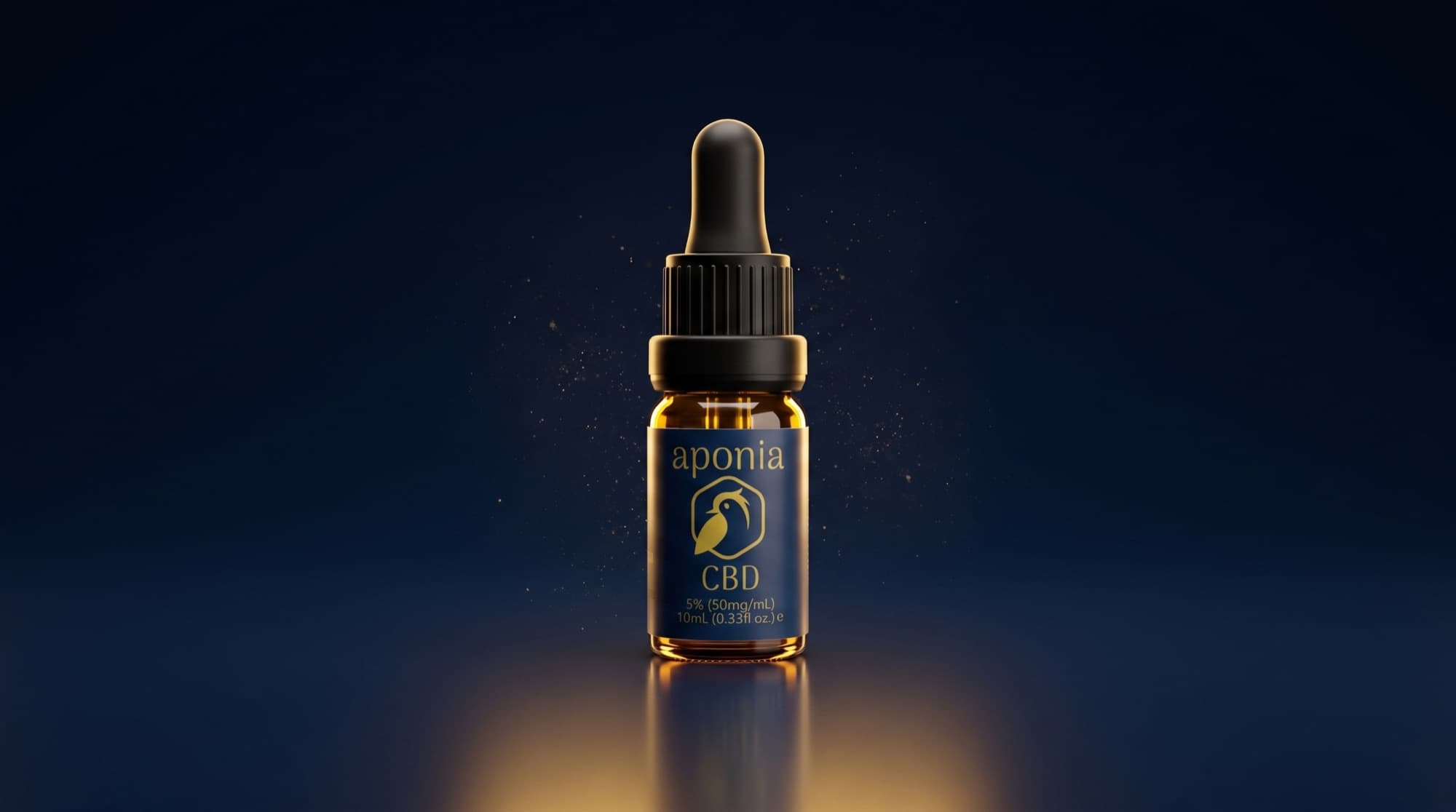 Aponia full-spectrum CBD oil bottle lit on a deep navy studio background